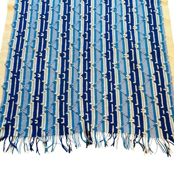Handmade Blue & White Geometric Crochet Blanket With Fringes 43x74" Grannycore - Picture 4 of 10